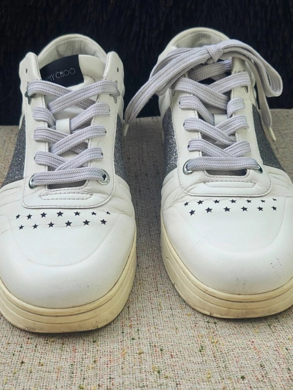 Jimmy Choo Men Shoes White Lace Up Sneaker Silver Accent Size 42 Authentic